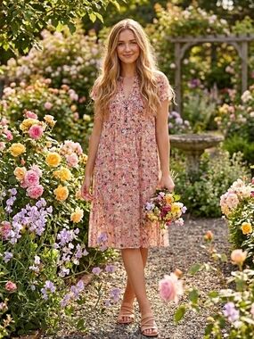 Everlily Pink Cream Floral Pintuck V‑Neck Dress